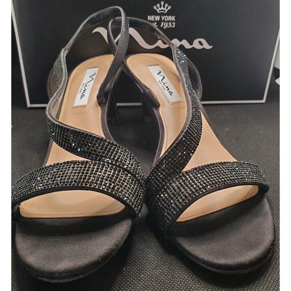 Nina Shoes Nieves Rhinestone Slingback Womens Black Luster Satin Dress Size 8 - Picture 3 of 8